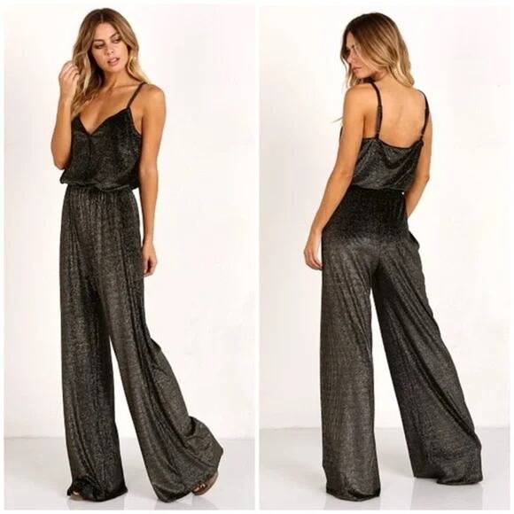 Show Me Your Mumu $194 Jagger Black Gold Velvet Metallic Wide Leg Jumpsuit SZ M - Picture 2 of 9